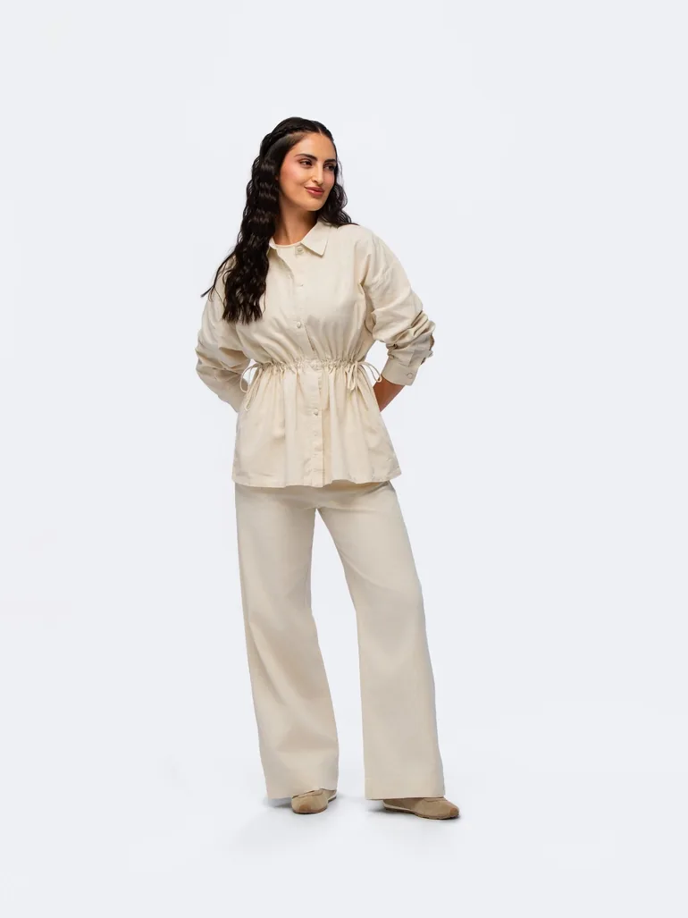 Drawstring Linen Shirt - STONE GREY