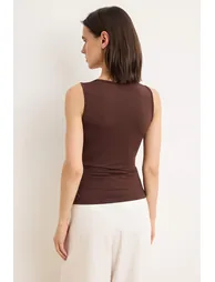 Brown Plain Fitted Crew Neck Sleeveless Ruched Stretchy Knitted Blouse - 3