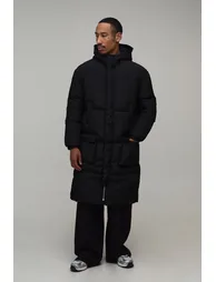 4 Pocket Longline Hooded Puffer Jacket - black