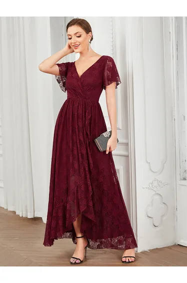 ever ELISE|Pleated V-Neck Lace Formal Evening Dress