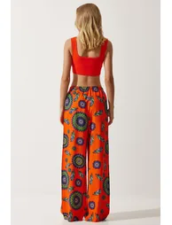 Women's Orange Purple Patterned Flowing Viscose Palazzo Trousers - 2