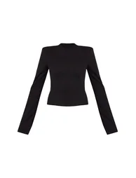 Black Twill Tailored High Neck Long Sleeve Top - 4