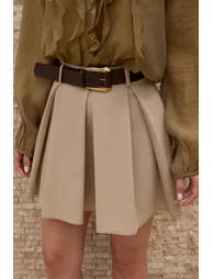 Beige Belted Pleated Mini Skirt - 1