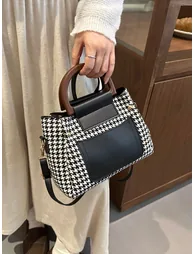 Houndstooth Handbag with Black Accents and Adjustable Strap - 4