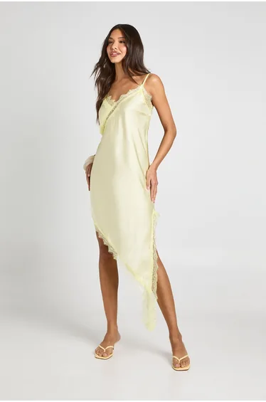 Satin & Lace Asymmetric Slip Dress - lemon