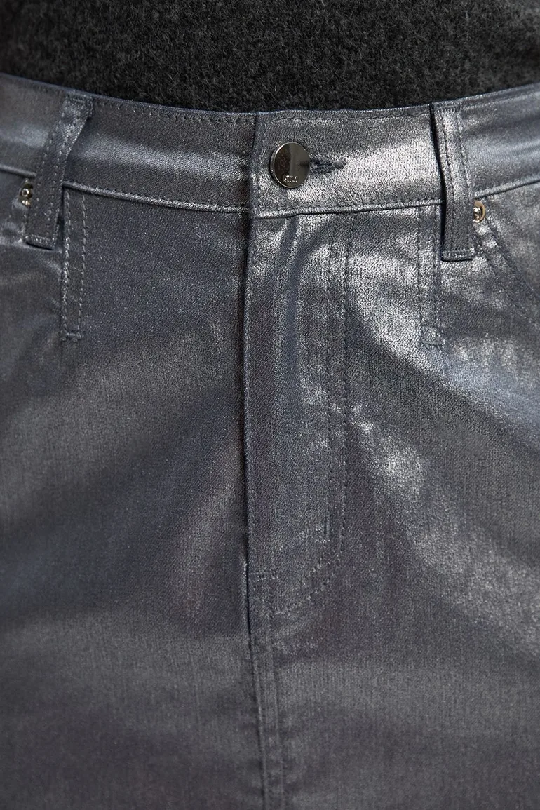Metallic Coated Denim Pencil Midi Skirt - 2