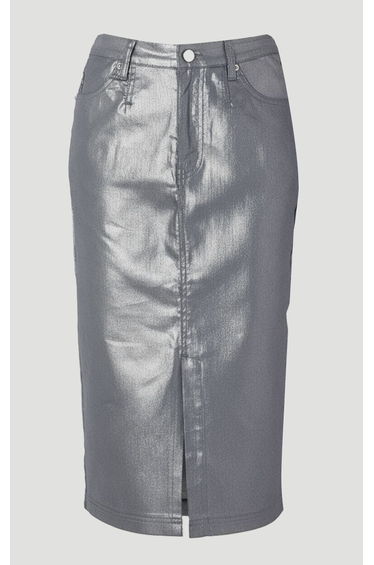 Metallic Coated Denim Pencil Midi Skirt product thumbnail 4
