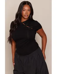 Plus Black Jersey Button Detail Cap Sleeve T-Shirt