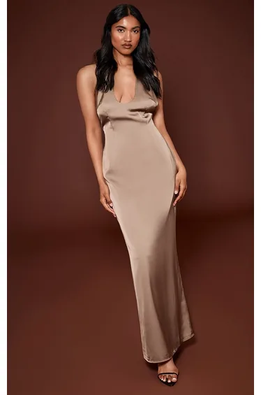 Mushroom Satin V Neck Cut Out Back Maxi Dress