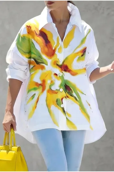 High-Low Long Sleeves Buttoned Contrast Color Flower Print Lapel Shirt