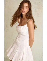 White Broderie Strappy Pleated Shift Dress - 1