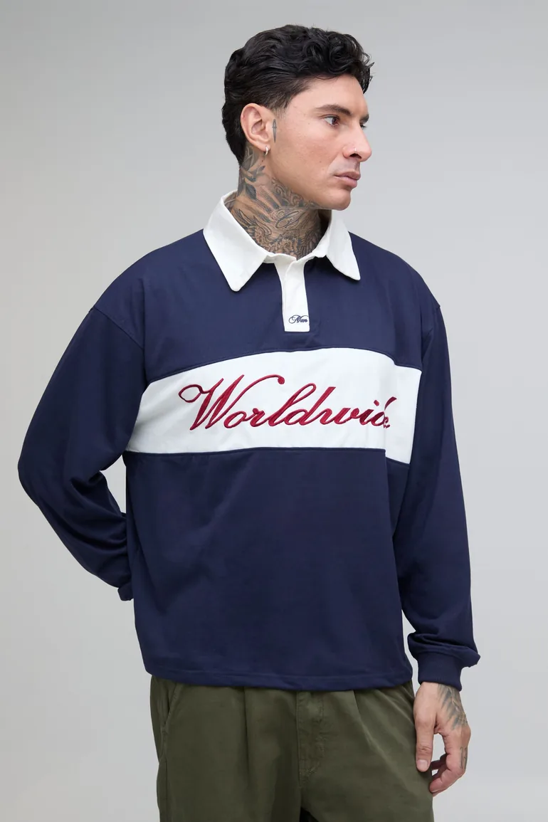 Tall Oversized Worldwide Embroidered Long Sleeve Rugby - navy - 3