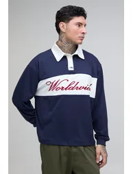 Tall Oversized Worldwide Embroidered Long Sleeve Rugby - navy - 3