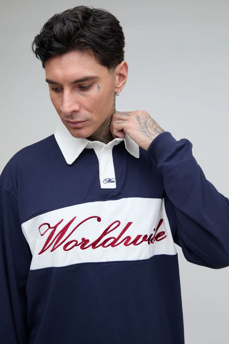 Tall Oversized Worldwide Embroidered Long Sleeve Rugby - navy - 2