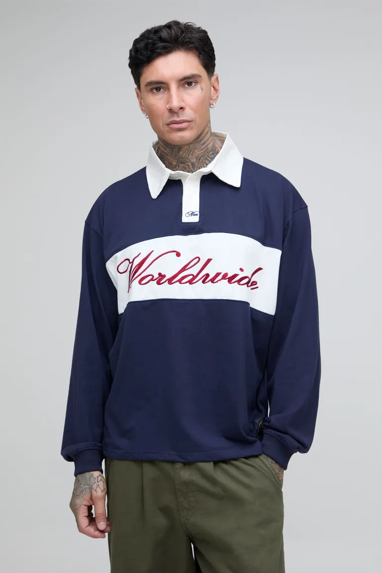 Tall Oversized Worldwide Embroidered Long Sleeve Rugby - navy