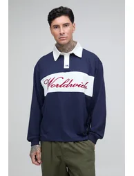 Tall Oversized Worldwide Embroidered Long Sleeve Rugby - navy