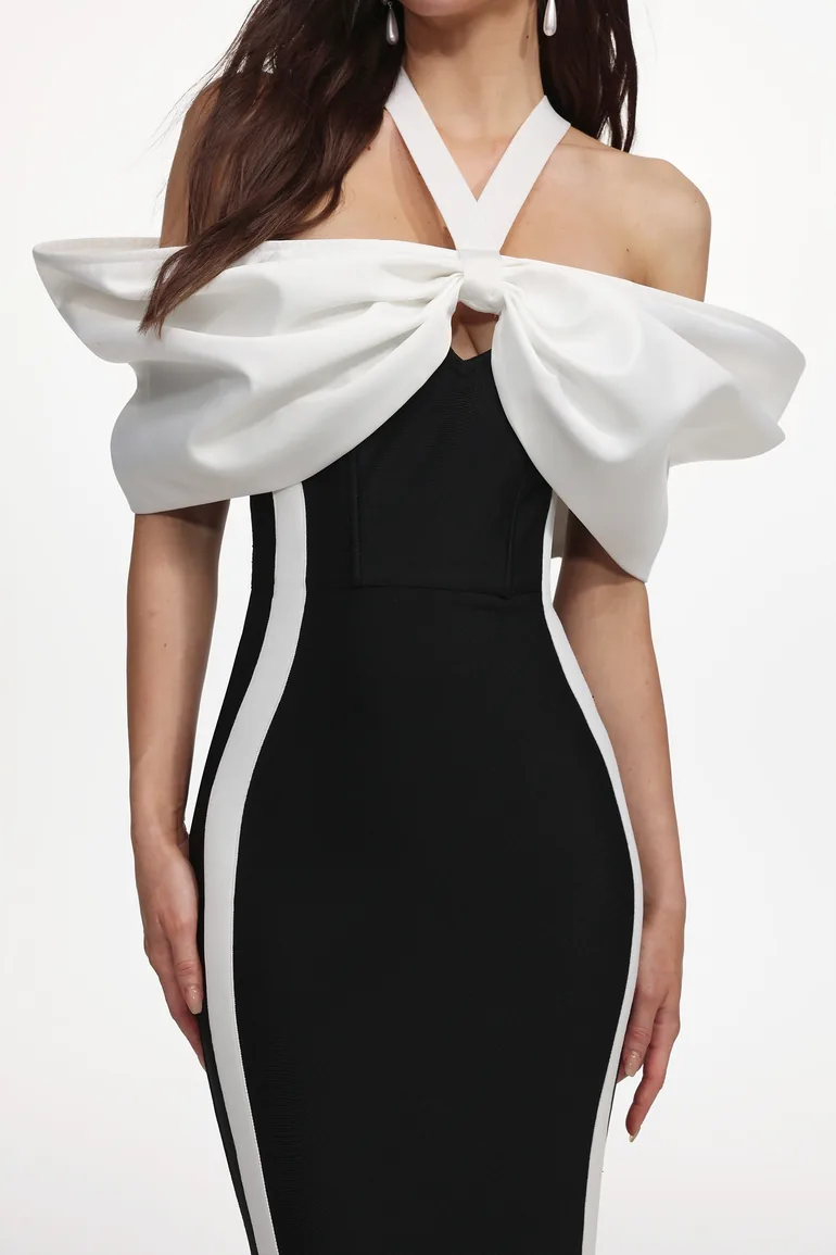 Elegant Contour Halter Bow Contrast Bandage Maxi Dress - 4
