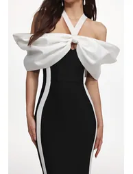 Elegant Contour Halter Bow Contrast Bandage Maxi Dress - 4
