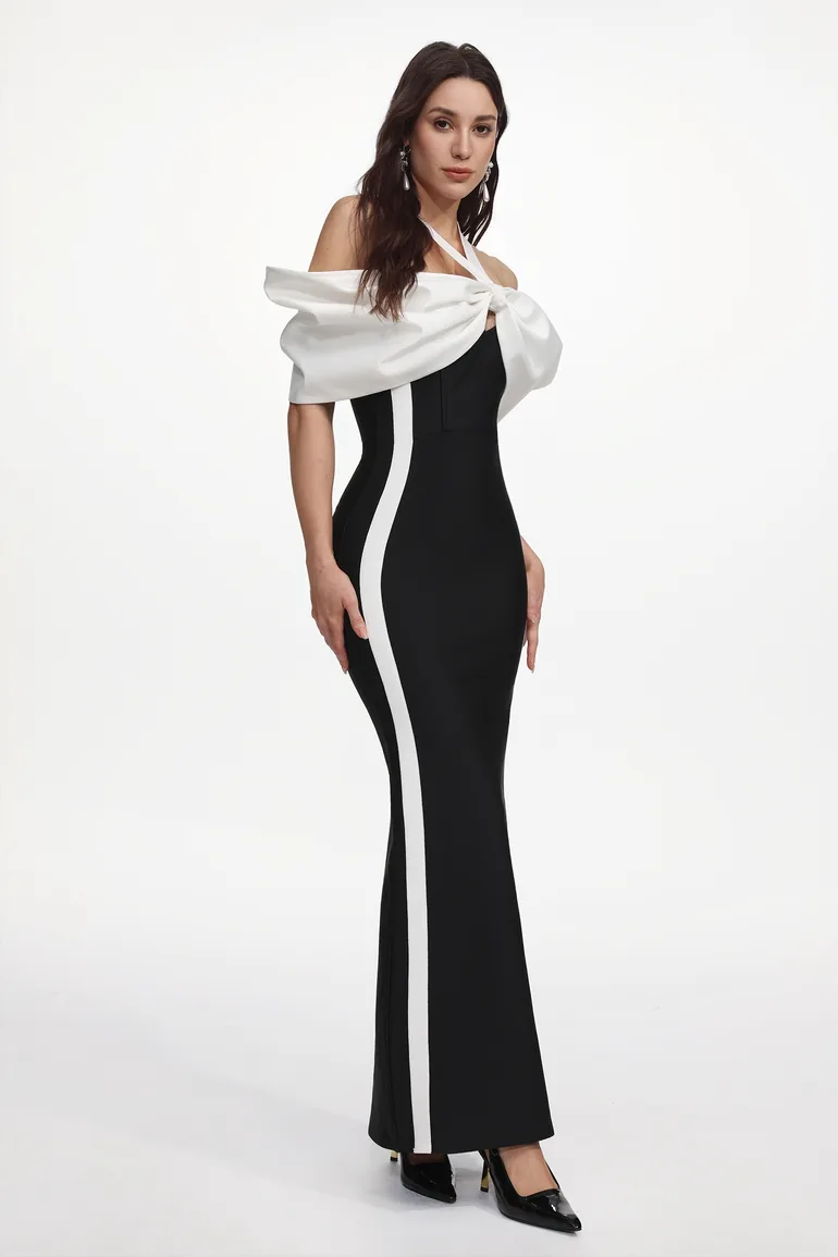 Elegant Contour Halter Bow Contrast Bandage Maxi Dress - 1