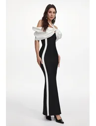 Elegant Contour Halter Bow Contrast Bandage Maxi Dress - 1