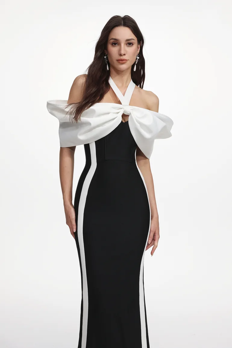 Elegant Contour Halter Bow Contrast Bandage Maxi Dress - 2