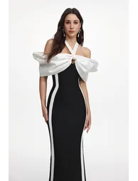 Elegant Contour Halter Bow Contrast Bandage Maxi Dress - 2