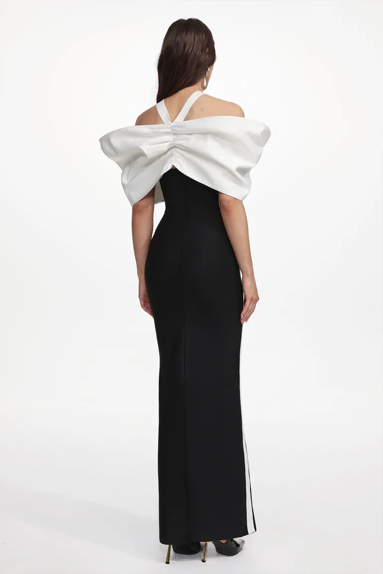 Elegant Contour Halter Bow Contrast Bandage Maxi Dress - 5