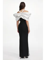 Elegant Contour Halter Bow Contrast Bandage Maxi Dress - 5