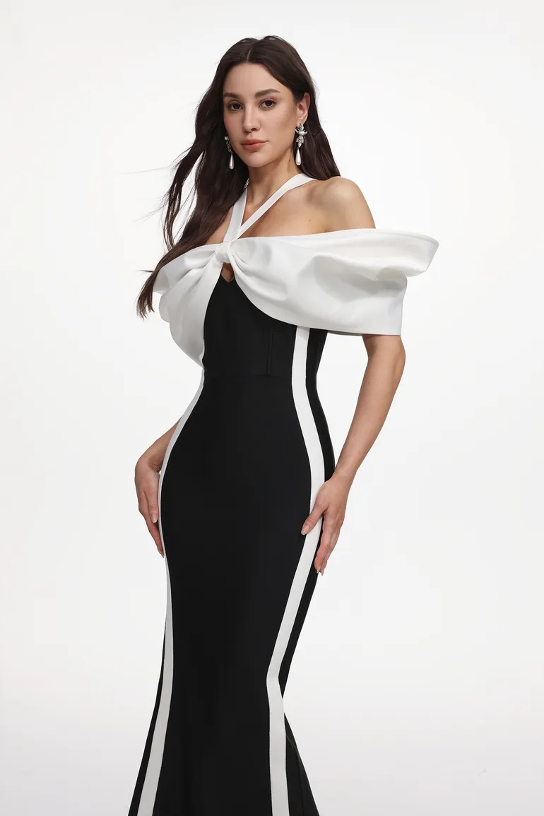 Elegant Contour Halter Bow Contrast Bandage Maxi Dress - 3