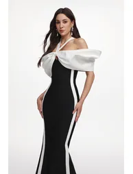 Elegant Contour Halter Bow Contrast Bandage Maxi Dress - 3