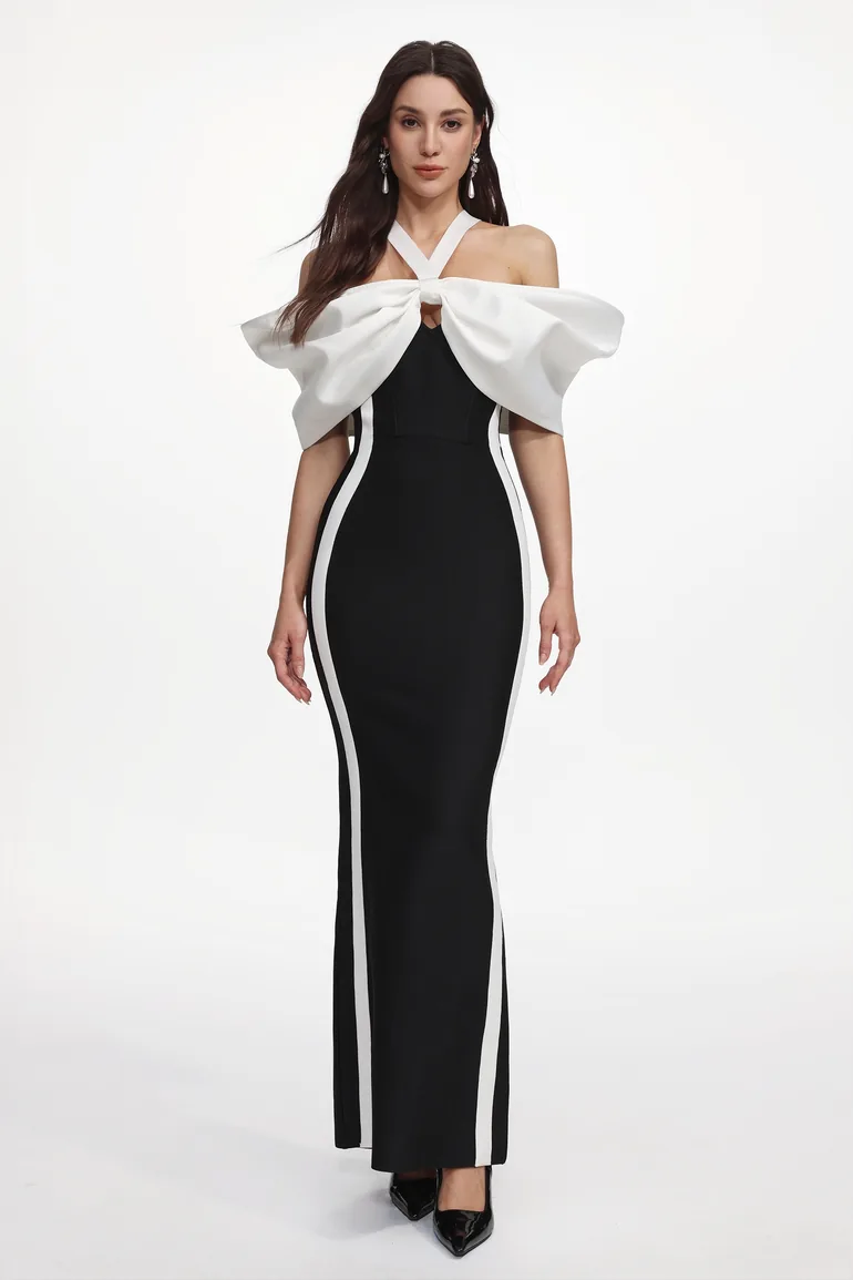 Elegant Contour Halter Bow Contrast Bandage Maxi Dress
