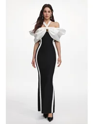 Elegant Contour Halter Bow Contrast Bandage Maxi Dress