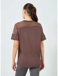 Women Brown Shoulder Mesh Panel Yoga Top - 4