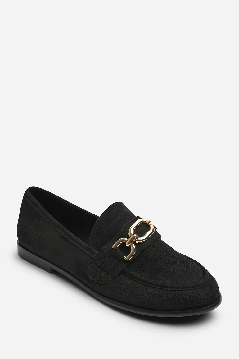 Lettie Wide Fit Chain Trim Detail Flat Loafers in Black Suede - 2