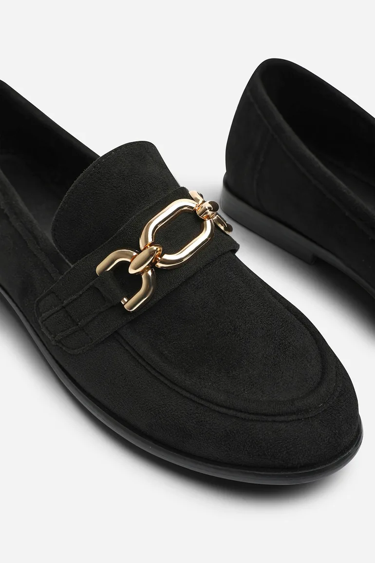Lettie Wide Fit Chain Trim Detail Flat Loafers in Black Suede - 4