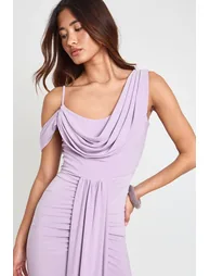 Double Layer Slinky Drape Front Cold Shoulder Maxi Dress - lilac - 3