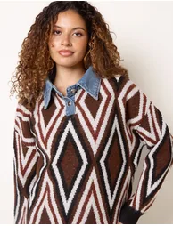 Diamond Jumper With Denim Collar - 2