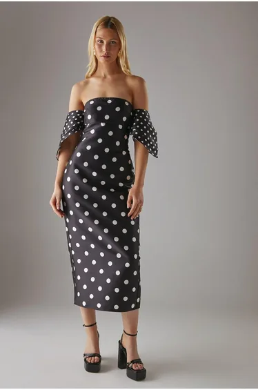 Spot Structured Puff Sleeve Bardot Midi Dress