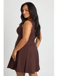 Plus Bengaline Racer Neck Pleated Skater Dress - chocolate - 2