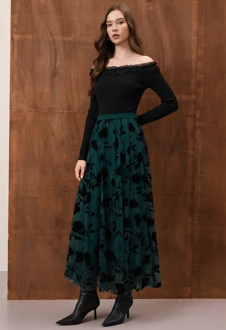 Flocked Rose Double-Layered Tulle Maxi Skirt in Dark Green