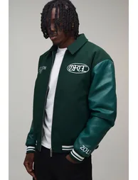 Tall Boxy Fit Melton & PU OFCL Varsity Jacket - forest