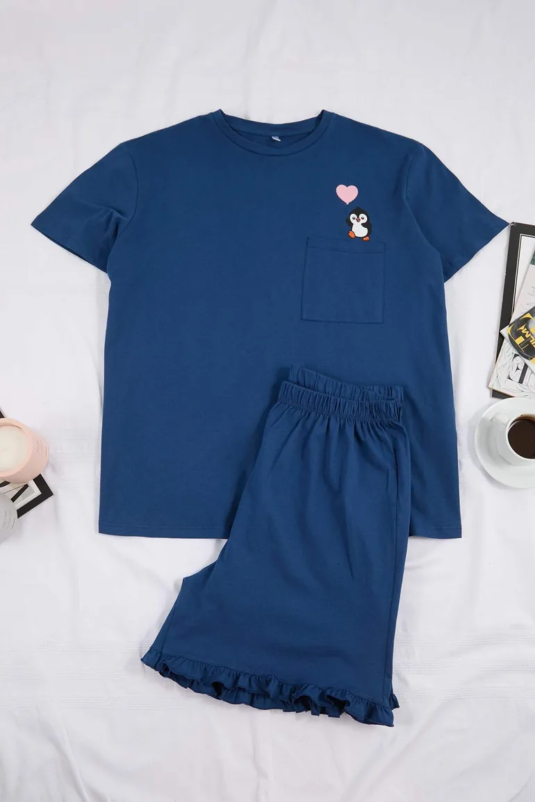 Navy Blue Penguin Printed Knitted Pajamas Set