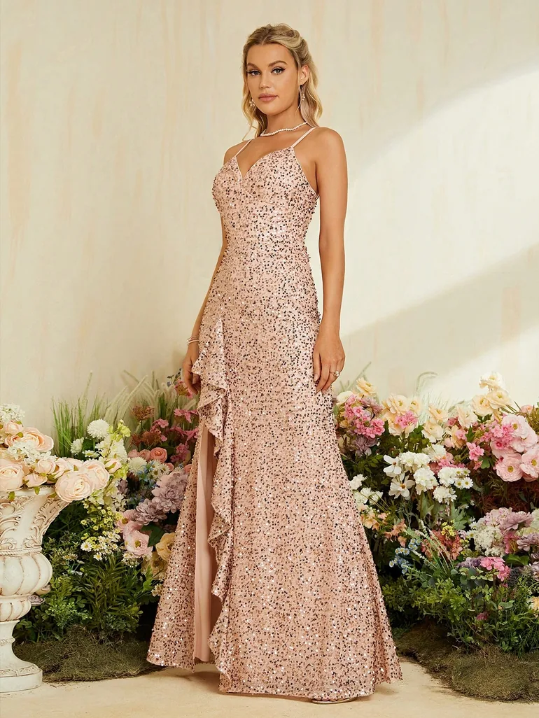 Leely Spaghetti Strap V-Neck Sparkly Evening Gown with High Slit - 1