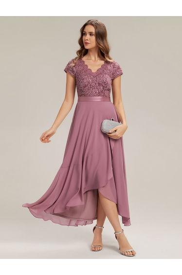 Deep V-Neck Lace Cap Sleeve Evening Dress