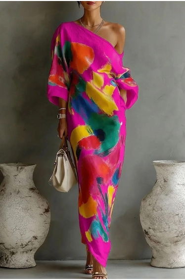 Long Sleeves Loose Asymmetric Contrast Color Pockets Printed One-Shoulder Maxi Dresses
