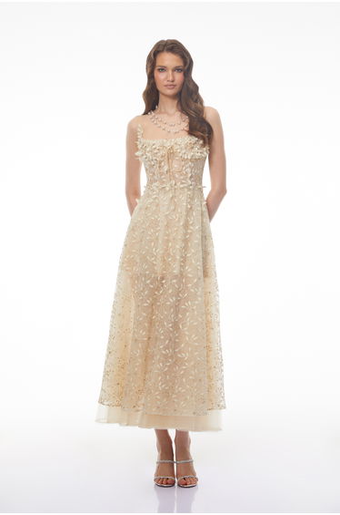 Gabriella Champagne Tulle Maxi Dress with 3D Petals
