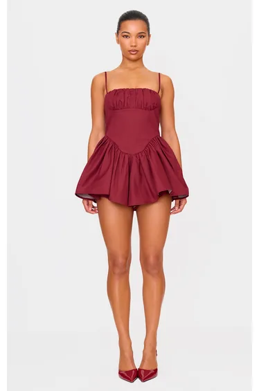 Burgundy Woven Dipped Waist Strappy Playsuit
