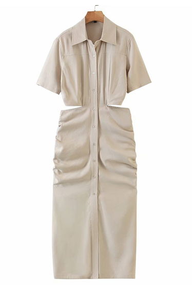 Cutout Waist Side Ruched Shirt Dress in Oatmeal