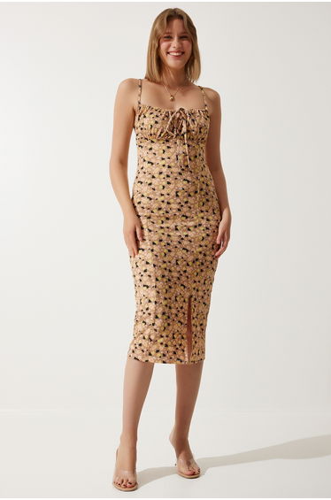 Women's Biscuit Floral Slit Summer Knitted Dress