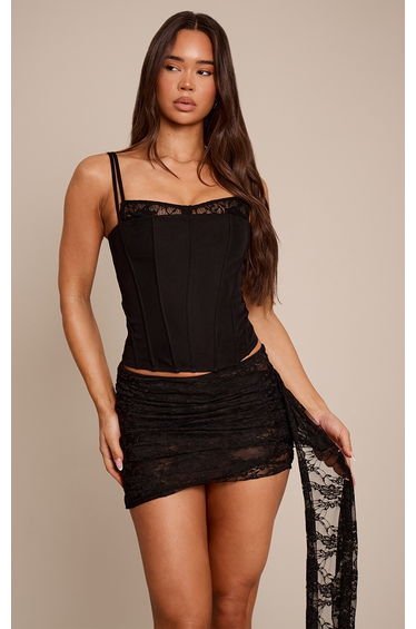 Black Woven Contrast Lace Detail Strappy Corset